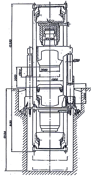 Obrázek 22 Konstrukční návrh hydraulického kovacího lisu o jmenovité síle 1000[MN] provedený na Fakultě strojní, katedře konstruování strojů, na bývalé VŠSE v Plzni V současné době si hydraulické