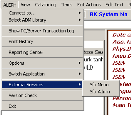 5 Externí služby Vaše instalace systému ALEPH může obsahovat několik typů externích služeb, například menu SFX pro řádné čtenáře.