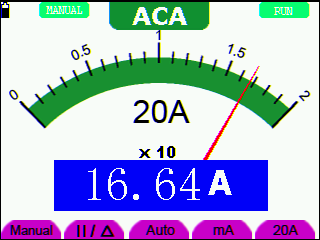 7-Using the Multimeter Pro měření AC proudu vyšší hodnoty než 400mA, proveďte následující: 1. Stiskněte klávesu A a DCA se objeví na horním okraji obrazovjky. Havní měřítko jedn. je ma 2.