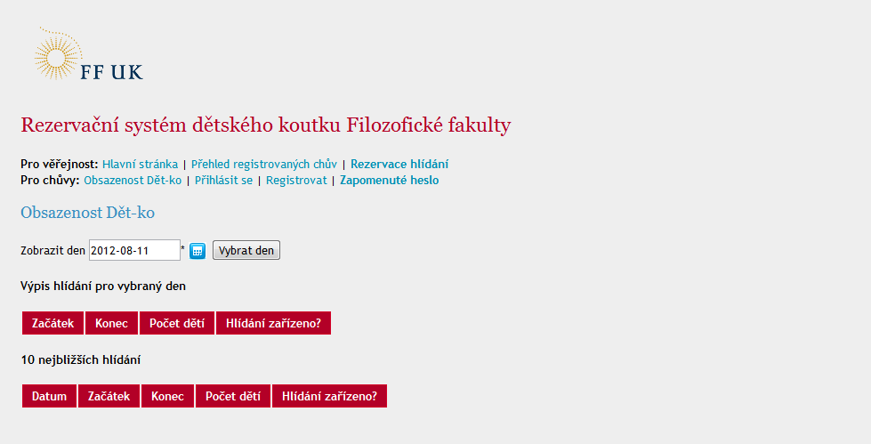Obrázek 3 Výřez z obrazovky Registrace hlídání Obrázek 4 Výřez z obrazovky Obsazenost dětského koutku Webový rezervační systém kromě výše uvedených funkcí samozřejmě disponuje funkcemi rezervace,
