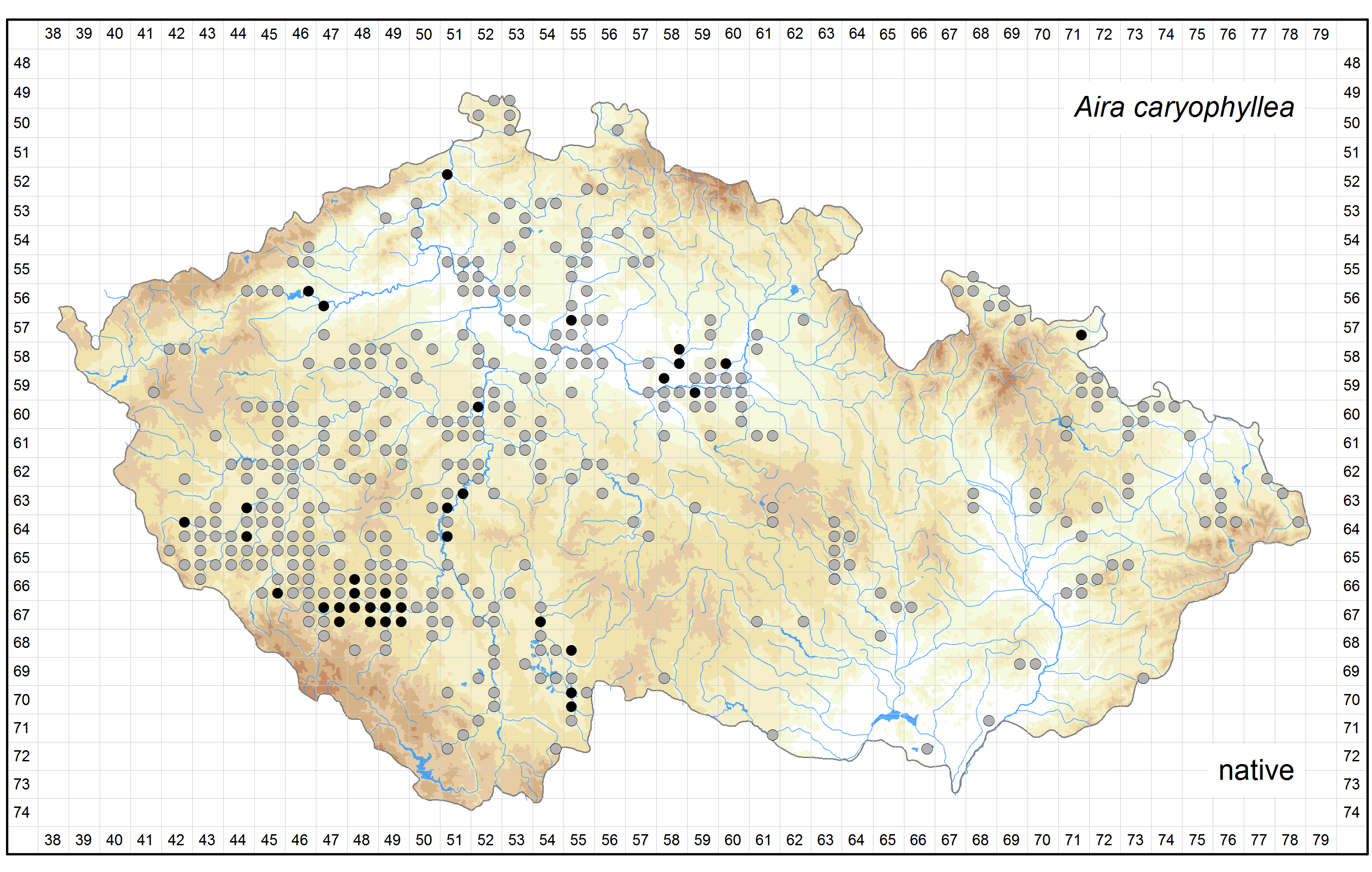 Distribution of Aira caryophyllea in the Czech Republic Author of the map: Zdenek Kaplan Map produced on: 18-11-2015 Database records used for producing the distribution map of Aira caryophyllea