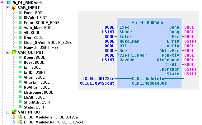 2.9. Funkční_blok fb_dl_rndaddr Funkční blok fb_dl_rndaddr provádí různé způsoby nastavování krátkých adres předřadníkům.