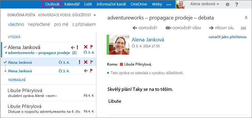 Outlook na webu K přístupu k e-mailu, kalendáři a kontaktům používejte Outlook Web App. V jakémkoli počítači nebo zařízení s připojením k internetu se přihlaste k Office 365 a pak vyberte Outlook.