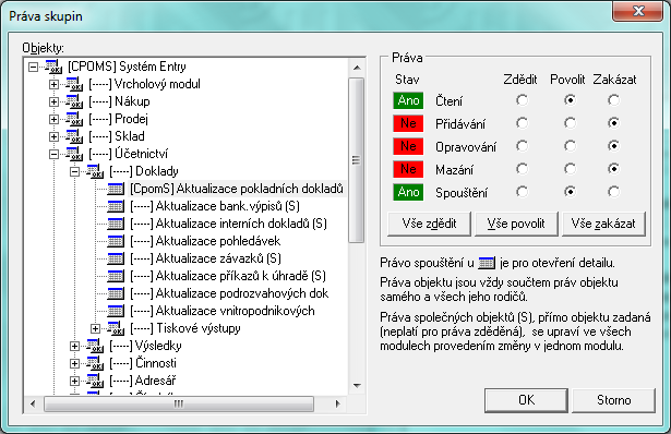 Každá skupina má nadefinována práva pro přístup k aktualizacím v jednotlivých modulech IS. Následující obrázek č.