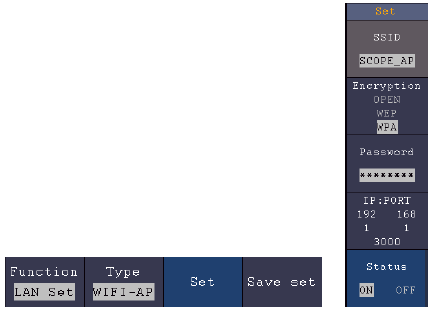 Obrázek 7-7 Nastavení parametrů sítě osciloskopu Připojení k PC pomocí Wi-Fi (volitelné) Připojení k PC jako Wi-Fi Access point PC by měl podporovat Wi-Fi. 1) Nastavte osciloskop.