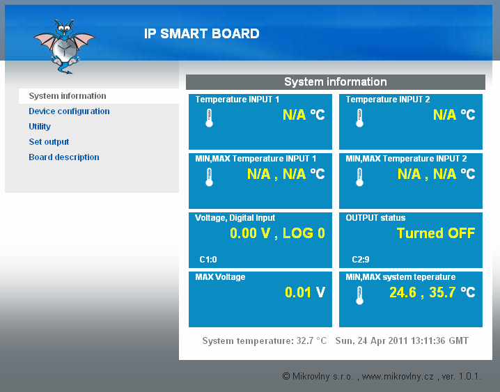 1. Zobrazení aktuálních hodnot. Objeví se informační stránka IP BOARDu.