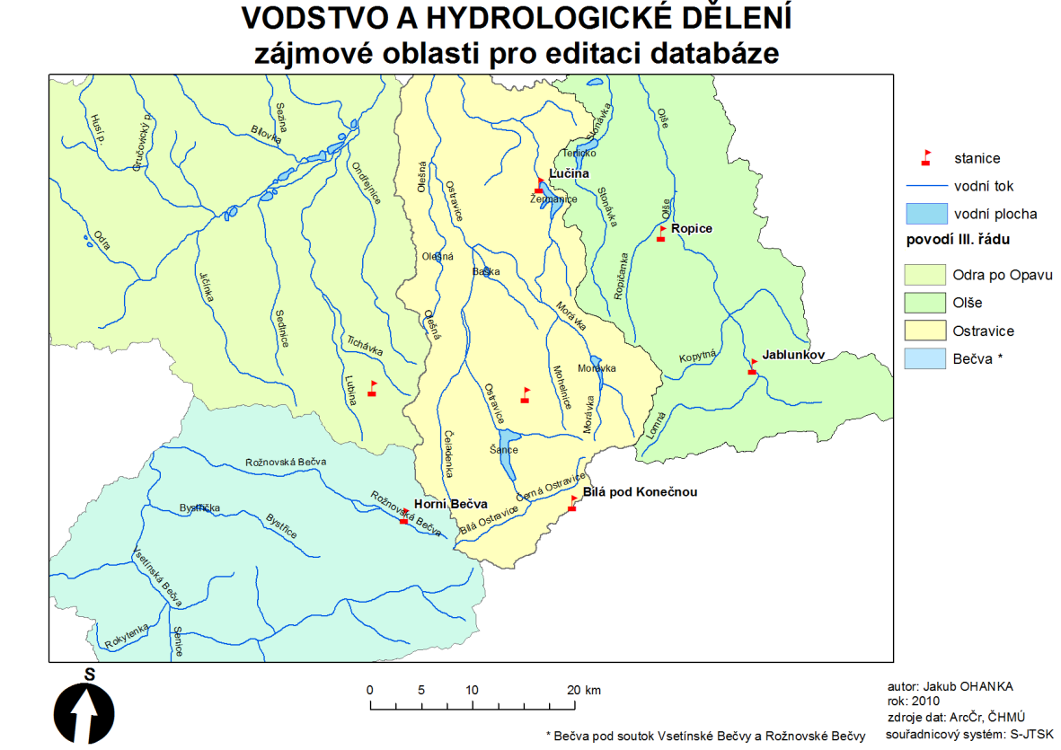 Obr. 9: Vodstvo a hydrologie zájmové oblasti pro editaci databáze Vzhledem k relativně velké čistotě toků a množství vody v nich představují tyto toky a vodárenské nádrže na nich významný zdroj pitné