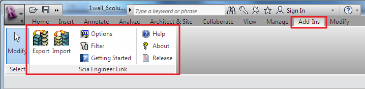 Úvod je nástroj pro přenos projektu z programu Revit do programu Scia Engineer. Tento nástroj je nainstalován do programu Revit structure jako plug-in. Je přístupný v záložce Add-Ins.
