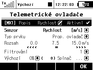 Telemetrické ovladače (Pokročilá nastavení Telemetrické ovladače) Přehled telemetrických Režim Spínač Režim Proporcionální ovladač ovladačů Tato funkce posouvá možnosti telemetrie systému Duplex o