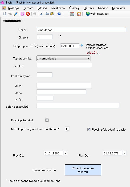 Povinnými poli při založení pracoviště je Název, Zkratka, Typ pracoviště ( A = ambulance ), IČP, platnost od-do.