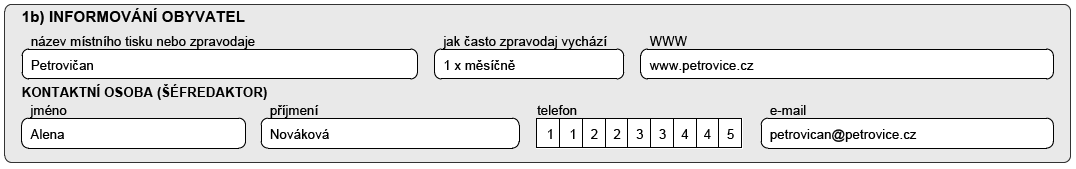 Tabulka 1b) Informování obyvatel Doplňte údaje o místním tisku nebo obecním zpravodaji, který slouží k informování občanů: - název (titul) místního tisku nebo obecního zpravodaje, - jak často