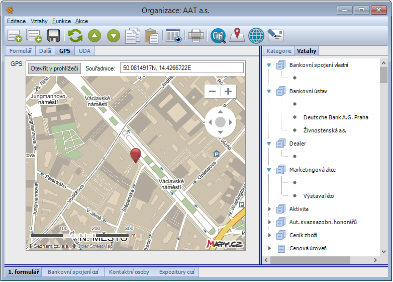 GPS souřadnice, zobrazení na mapě Obecná podpora práce s GPS souřadnicemi v systému zobrazení ve formulářích formou jednoduché mapy (InputType = Geography) Přímé otevření mapy v prohlížeči