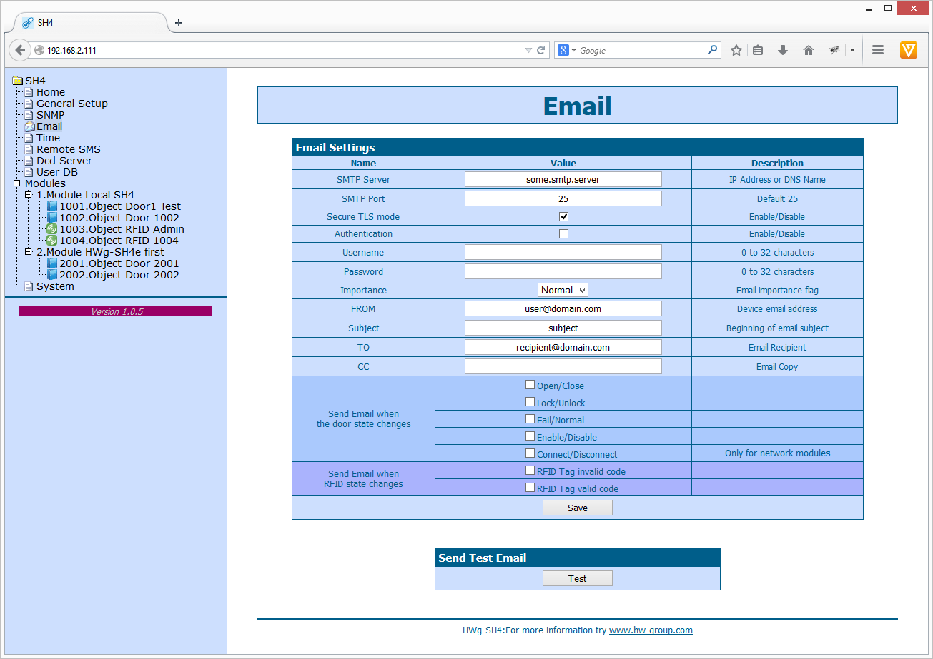 E-mail Záložka E-mail slouží pro definici e-mailového serveru a parametrů odesílání alarmových e-mailových zpráv (začátek nebo konec stavu Alarm).