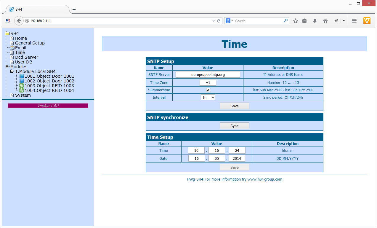 Time Na záložce Time se nastavuje systémový čas a parametry možné automatické synchronizace prostřednictvím časových serverů.