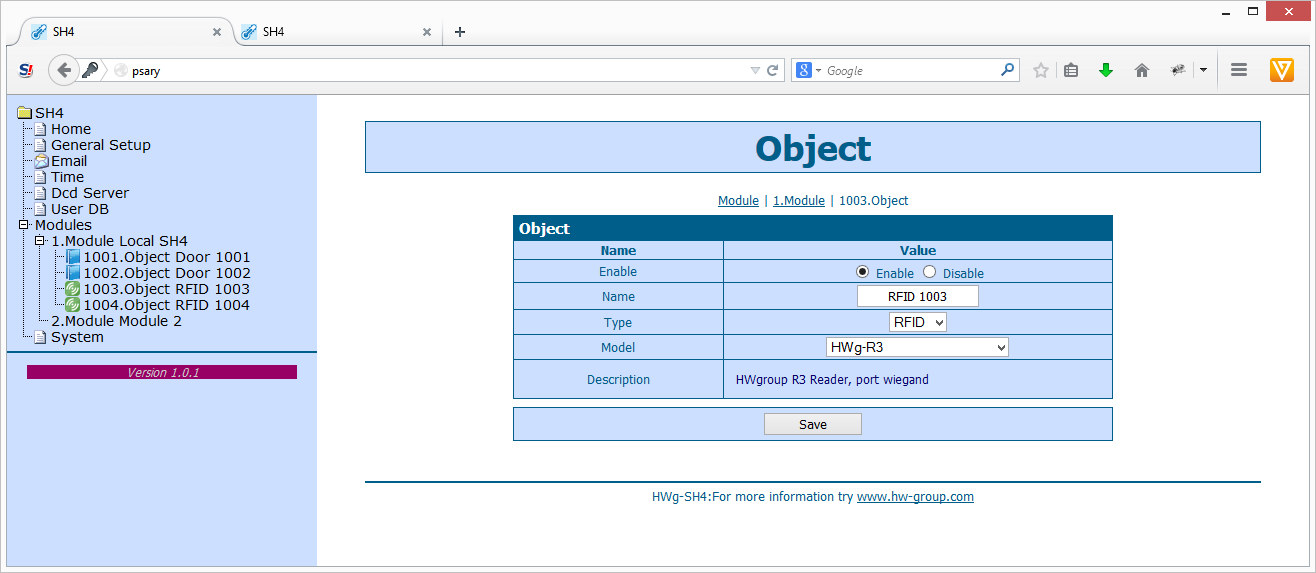 Sekce Object Enable povolí/zakáže objekt. Je-li objekt zakázaný, není jeho konfigurace ani stavy přenášen do DCD ani na web zařízení. To umožňuje zpřehlednit systém vypuštěním nepoužívaných objektů.