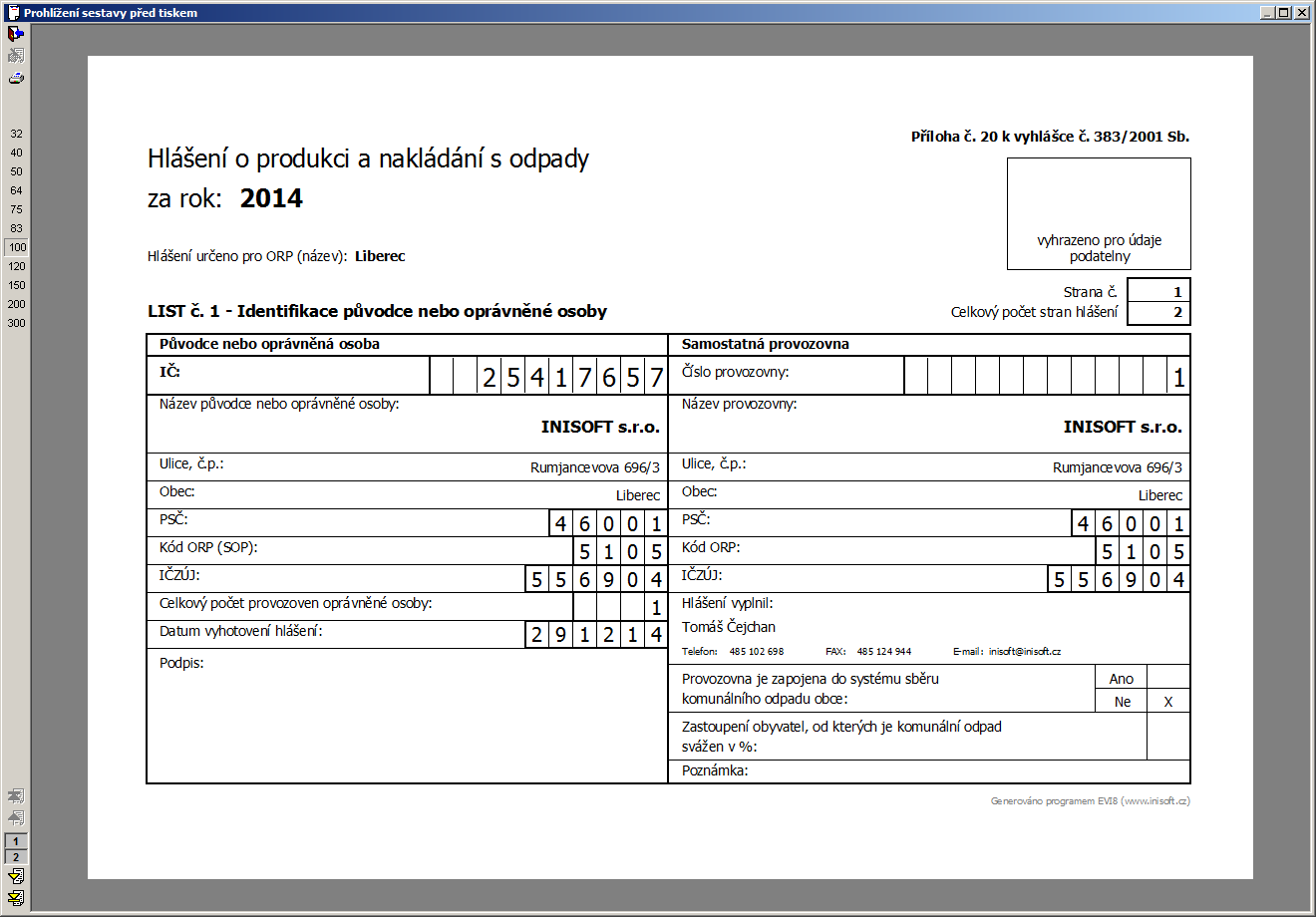 8. Export ročního hlášení pro předání v elektronické podobě: Na svislé liště programu v sekci Import a Export stiskněte tlačítko Export dat.