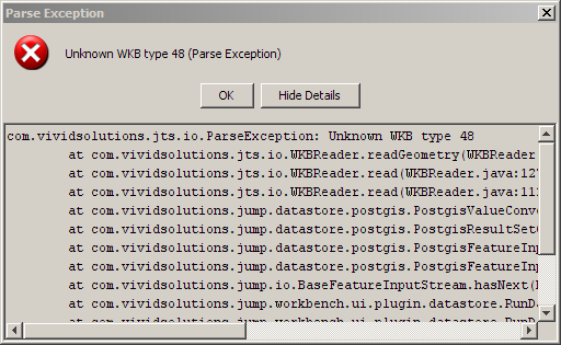 11 - chybové hlášení z programu OpenJUMP při použití pluginu RunDatastoreQuery Toto chybové hlášení se objevuje nezávisle na verzi systému PostGIS i použitém operačním systému.