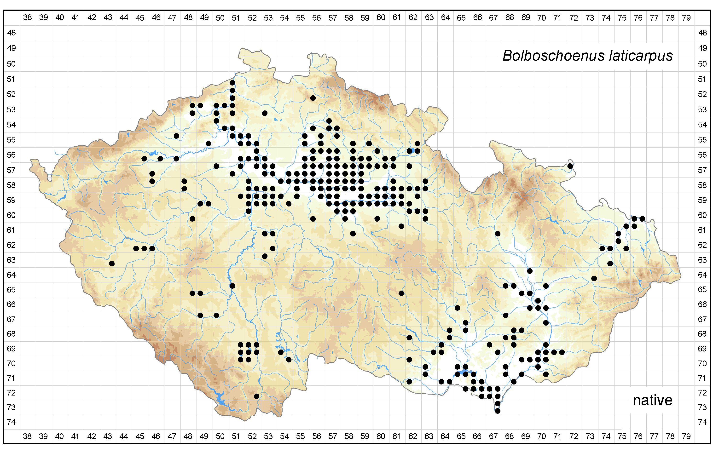 Distribution of Bolboschoenus laticarpus in the Czech Republic Author of the map: Michal Ducháček, Zdenka Hroudová Map produced on: 18-11-2015 Database records used for producing the distribution map