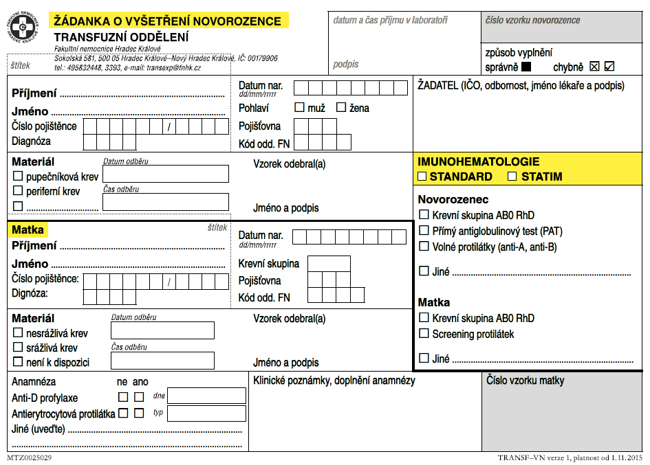 10.2. Žádanka o imunohematologické vyšetření novorozence