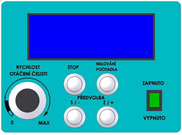 3. Návod na obsluhu Panel Funkce tlačítek RYCHLOST OTÁČENÍ ČELISTÍ STOP NULOVÁNÍ POČITADLA - slouží pro nastavení rychlosti otáčení. V počátku se čelist neotáčí a lze ji volně otočit rukou.