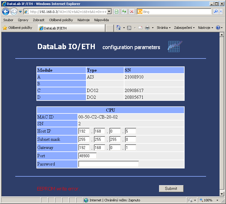CPU modul DataLab IO4/ETH 5. V editačních řádcích na konfigurační stránce nastavit síťové parametry na požadované hodnoty.