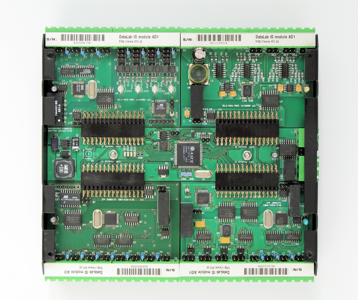 CPU modul DataLab IO4/COM Vlastnosti 4 pozice pro vstupně/výstupní moduly. Připojení přes rozhraní RS-485. Komunikační rychlost 4800 až 38400 Bd. Napájení z externího zdroje.