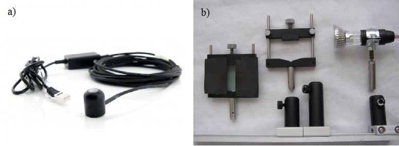 Obr. 3.8: a) Pyranometr [45] a b) ostatní mechanické součásti potřebné ke změně intenzity záření. 3.2.
