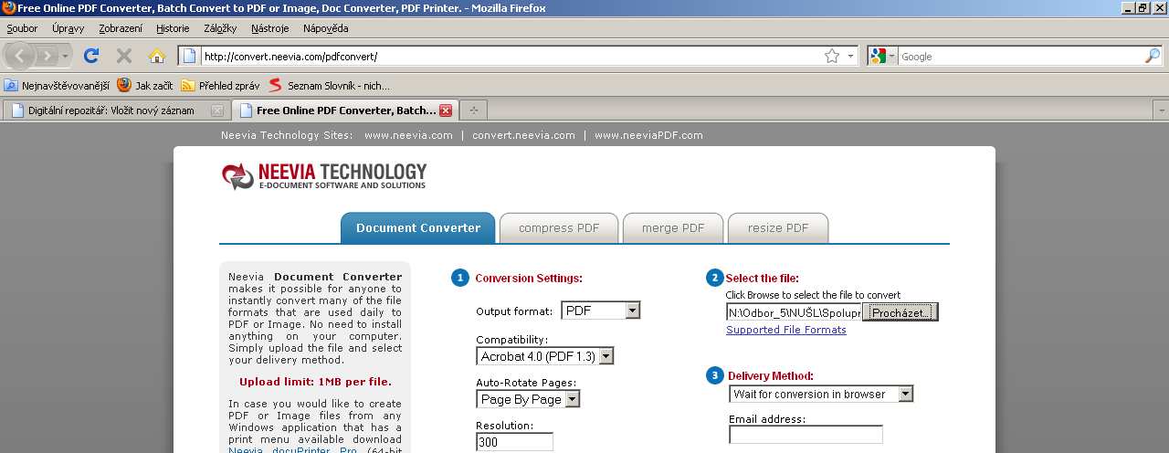 2. Po kliknutí na PDF Convenrer se zobrazí Neevia Document Converter (viz Obr. 3), kde v kroku č.
