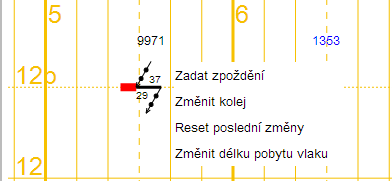 Obrázek 26 Popisek vlaku s detailními informacemi Možnosti dynamických změn plánu obsazení kolejí Na základě požadavků je v aplikaci implementována možnost dynamicky zadávat změny prostřednictvím