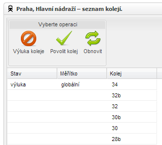 Obrázek 33 Grafické rozhraní pro správu editovaných vlaků Aplikace umožňuje provádět i výluky jednotlivých kolejí.