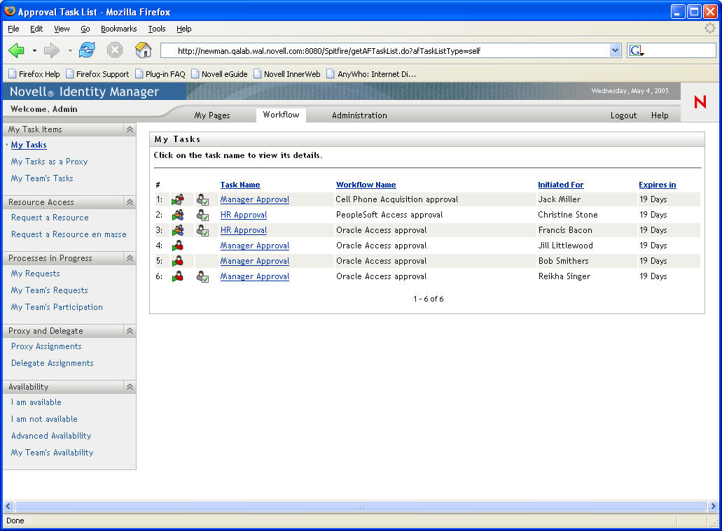 Novell Identity Manager Uživatelská aplikace ukazuje schvalovací úkoly v jediném okně.
