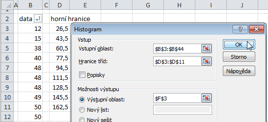 a doplnıḿe patr ic ne parametry (nejle pe oznac ova nıḿ oblastı pomocı mys i): [Vstupní oblast] sloupcovy vektor, ve ktere m jsou zadana data; [Hranice tříd] sloupcovy vektor, do ktere ho jsme zadali