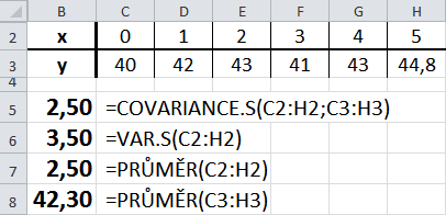 Potom jiz stac ı dosadit zıśkane hodnoty do vztahu (25) a obdrz ıḿe hledanou rovnici regresnı pr ıḿky. y = cov(x, Y) S (x x ) + y = 2, 5 (x 2, 5) + 42, 3 y 0,714 x + 40,514 3, 5 Lineární regrese 2.