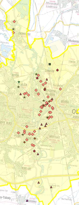 Obrázek 7 - Citlivé objekty v Olomouci; Zdroj: (Centrální datový