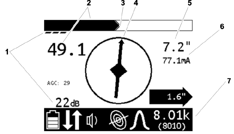 Ovládací ikony - 4 UT 9000 - zkrácený návod k obsluze Displej přijímače 1. Zesílení 2. Síla signálu 3. Maximum signálu 4. Kompas 5. Odhadovaná hloubka 6. Proud ve vedení 7.
