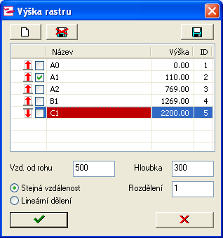 Definování rastru Rastr se spouští v asistentovi pro navrhování místnosti. Hodnoty se nastavují pomocí funkce Definovat rastr. Název Výška Pro označení rastru lze vybrat libovolný název.