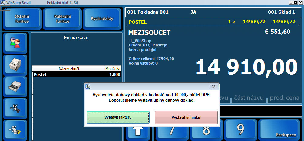 Musí být vystavena na konkrétního odběratele (vyberete klávesou F4) a odběratel musí mít v systému zapsáno DIČ. Je vhodné vystavit úplný daňový doklad (dále fakturu).