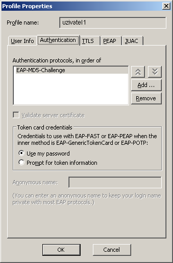 Použití softwarového supplicanta bylo nutné vzhledem k použitým klienstkým ADSL zařízením Cisco C1751. IOS tohoto routeru nepodporuje autentizaci EAP-MD5 na rozhraní ATM (ADSL).