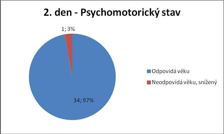 Kategorie č. 3. 1. den PSYCHOMOTORICKÝ STAV Obrázek 5 1. den - Psychomotorický stav Výsledek:Psychomotorický stav neodpovídal věku pouze u jednoho dítěte. Kategorie č. 3. 2.