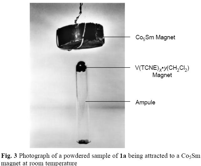 V II (TCNE) x (CH 2 Cl 2 ) y (x ~ 2; y ~ 1/2) S A = 3/2 S B = 1/2 1991 first room-temperature molecule-based magnet příprava reakcí V 0 (C 6 H 6 )