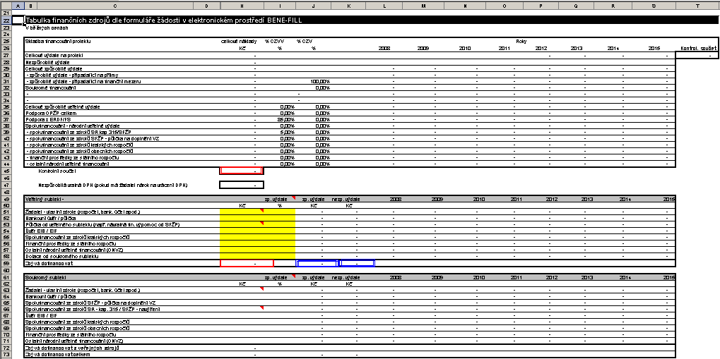 Tabulka Veřejný subjekt (běžné ceny) Obrázek 20: List Zdroje financování Tabulka finančních zdrojů dle formuláře žádosti v elektronickém prostředí BENE-FILL (tabulka Veřejný subjekt ).