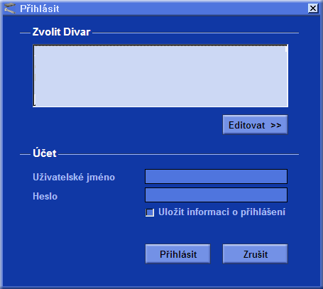 Divar Control Center Návod k obsluze Začínáme CZ 5 Česky Jak se přihlásit Při prvním spuštění aplikace Control Center jsou pole uživatelského jména a hesla prázdná. Prázdný je i seznam jednotek Divar.