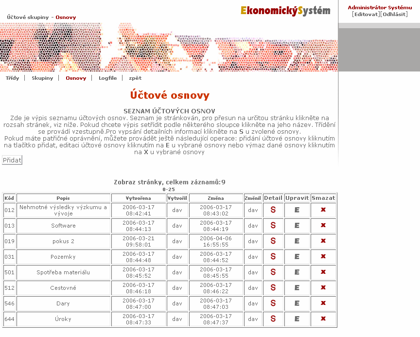 UTB ve Zlíně, Fakulta aplikované informatiky 56 2.4.4.3 Účtové osnovy - zde je výpis seznamu účtových osnov. Seznam je stránkován, pro přesun na určitou stránku klikněte na rozsah stránek, viz.