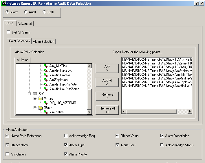 Obr. 7 Export Utility výběr datových bodů pro export dat Cesta k umístění souboru se bude dát v software uţivatelsky nastavit.