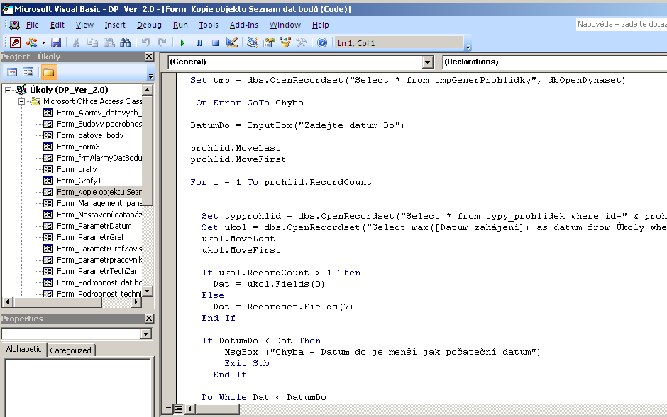 Obr. 11 Tvůrce kódu Access 2007 Na obrázku 10 je vidě část programového kódu, který obstarává načítání datových bodů. Seznam tabulek a jejich poloţky: 5.2.1 Dodavatele (firmy) Tato tabulka č.