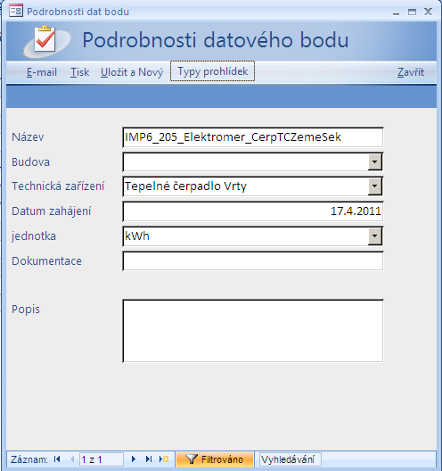 - Popis (Zde se můţe evidovat podrobnější popis datového bodu) Na obrázku č.15 lze vidět i tlačítko Typy prohlídek.