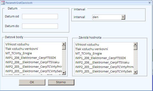 - Datum od - Datum do - Závislou hodnotu (např. vlhkost, teplotu v místnosti apod.) - Interval (denní, týdenní, měsíční apod.