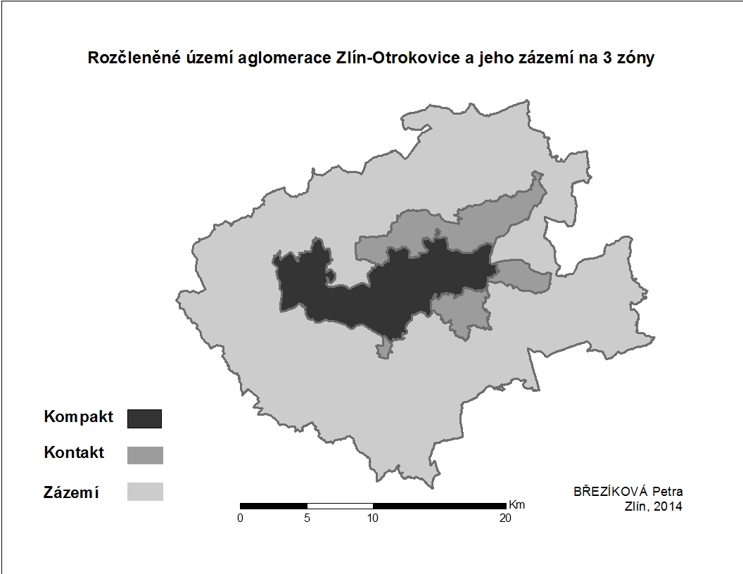 Obr. 8: Zóny v aglomeraci Zlín - Otrokovice a jeho zázemí Zdroj: vlastní vymezení dle volených metodik a zpracování v programu ArcGIS 10.