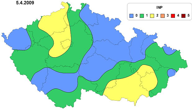 Obr. 10: Index nebezpečí požárů na území ČR dne 5. dubna 2009 (0 ţádné, 1 velmi nízké, 2 nízké, 3 střední, 4 vysoké, 5 - velmi vysoké) Zdroj: http://www.chmi.cz/meteo/ok/fire.