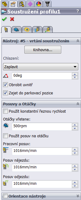 Nástroj: Pro vnitřní obrábění je nutné zvolit volbu Obrobit uvnitř 3. Vnitřní soustružení 1. Zvolit nástroj a nastavit řezné podmínky 2.